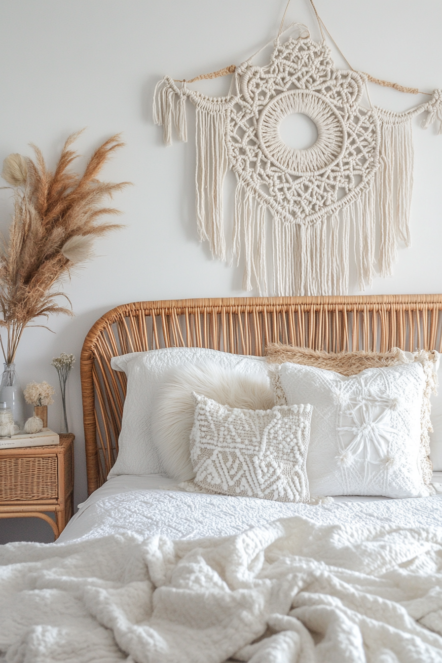 Teen Boho bedroom makeover. Macramé wall hanging over a rattan headboard.