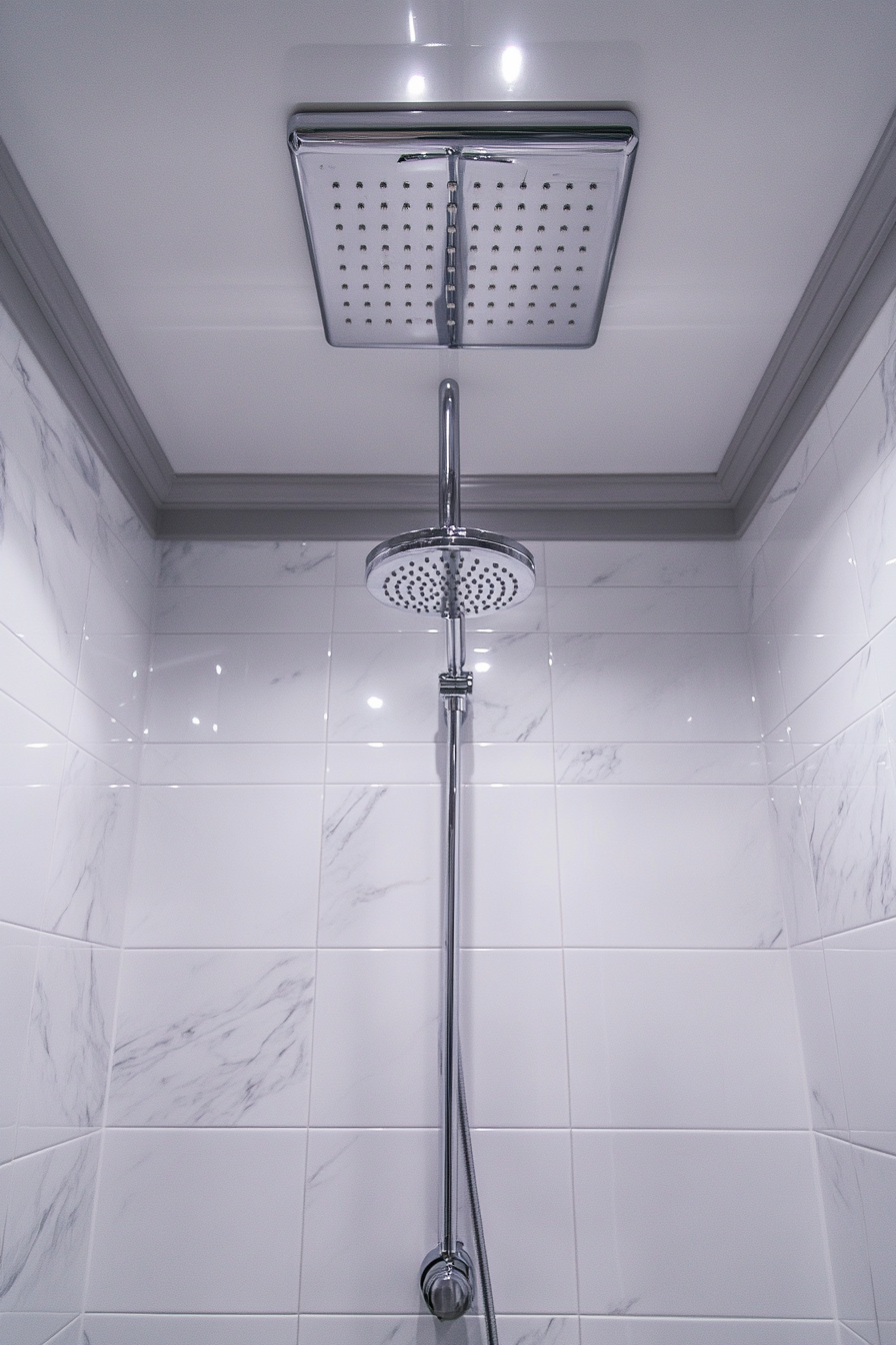 Modern bathroom update. Ceiling-mounted chrome shower with white marble tiles.