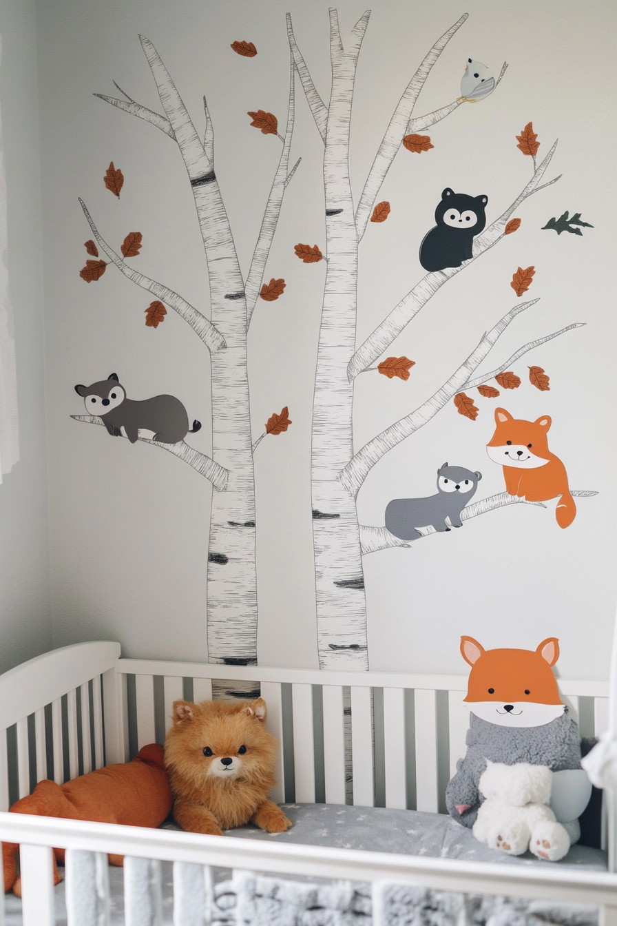 Woodland nursery. Birch tree decal with multi-colored forest animal stickers.