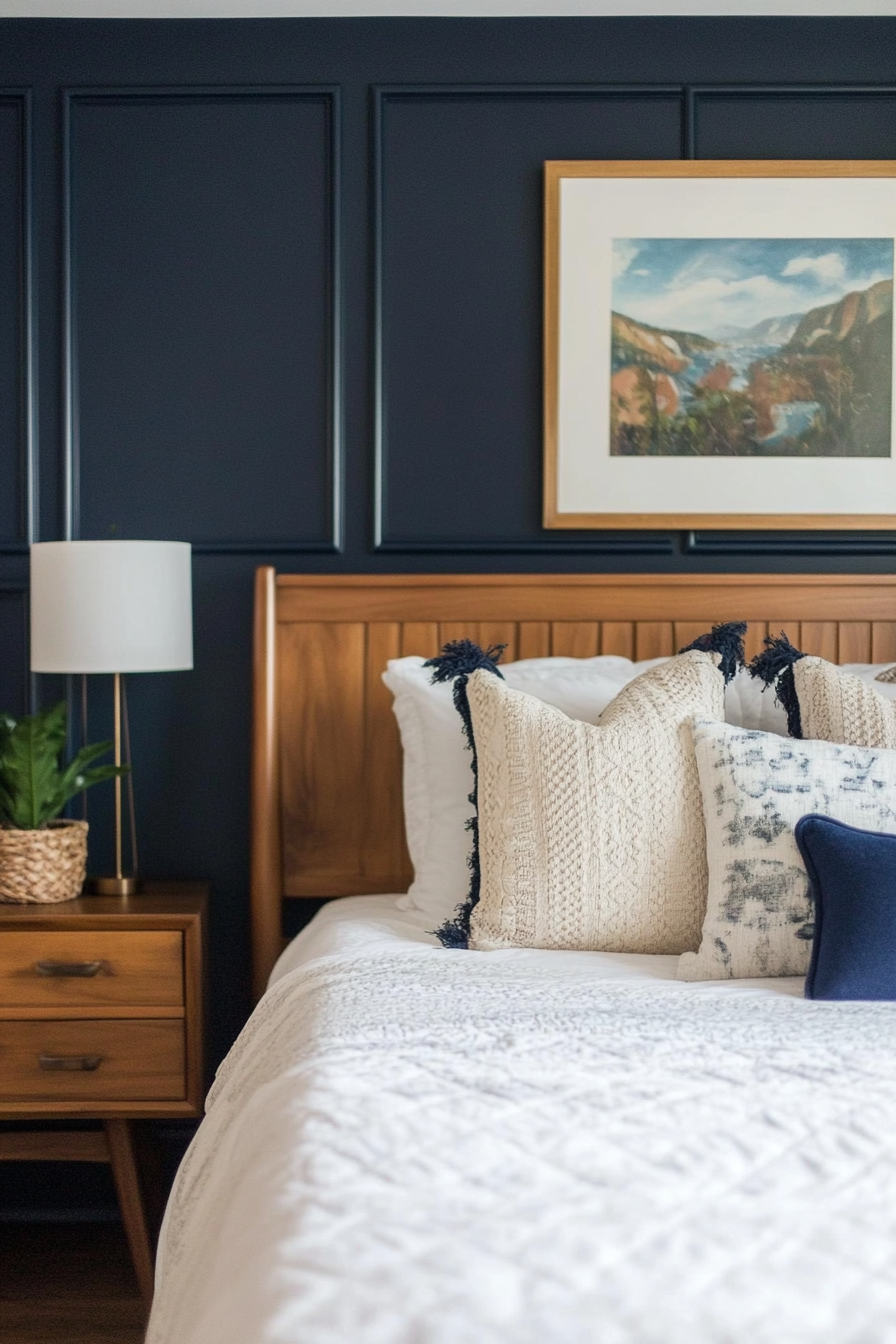 Bedroom design. Mid-century furniture with navy blue accents.