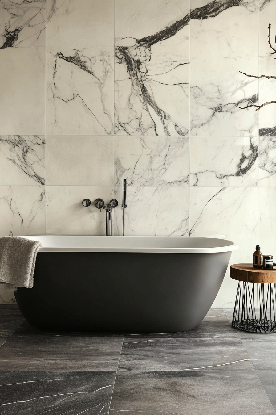 Modern bathroom update. Freestanding tub against a marble-tile backsplash.