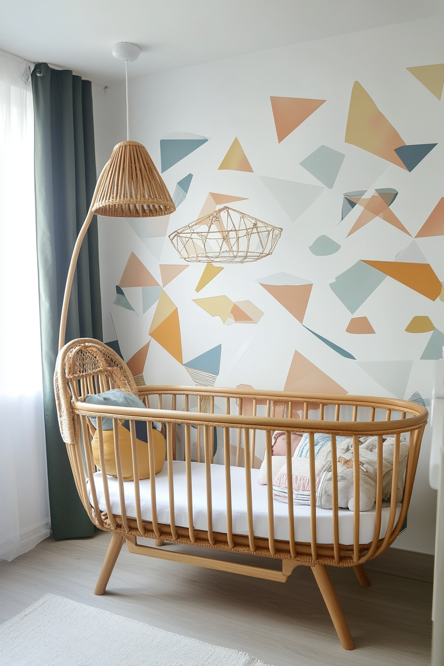 Contemporary baby room. Pastel hues with geometric wallpaper and oak wood cradle.