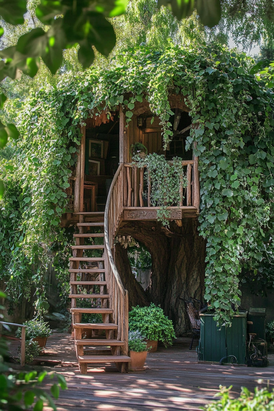 Backyard garden retreat. Whimsical treehouse with hanging ivy.