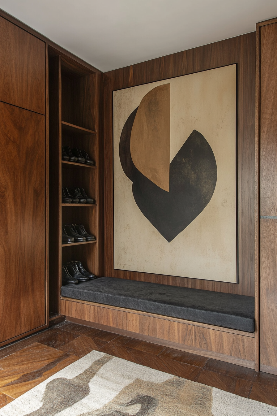 Maximalist-minimalist entryway. Concealed shoe storage with dramatic wall art.