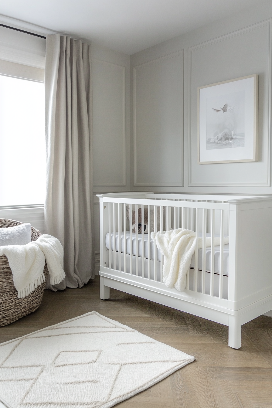 Contemporary baby room. White crib on herringbone wood flooring.