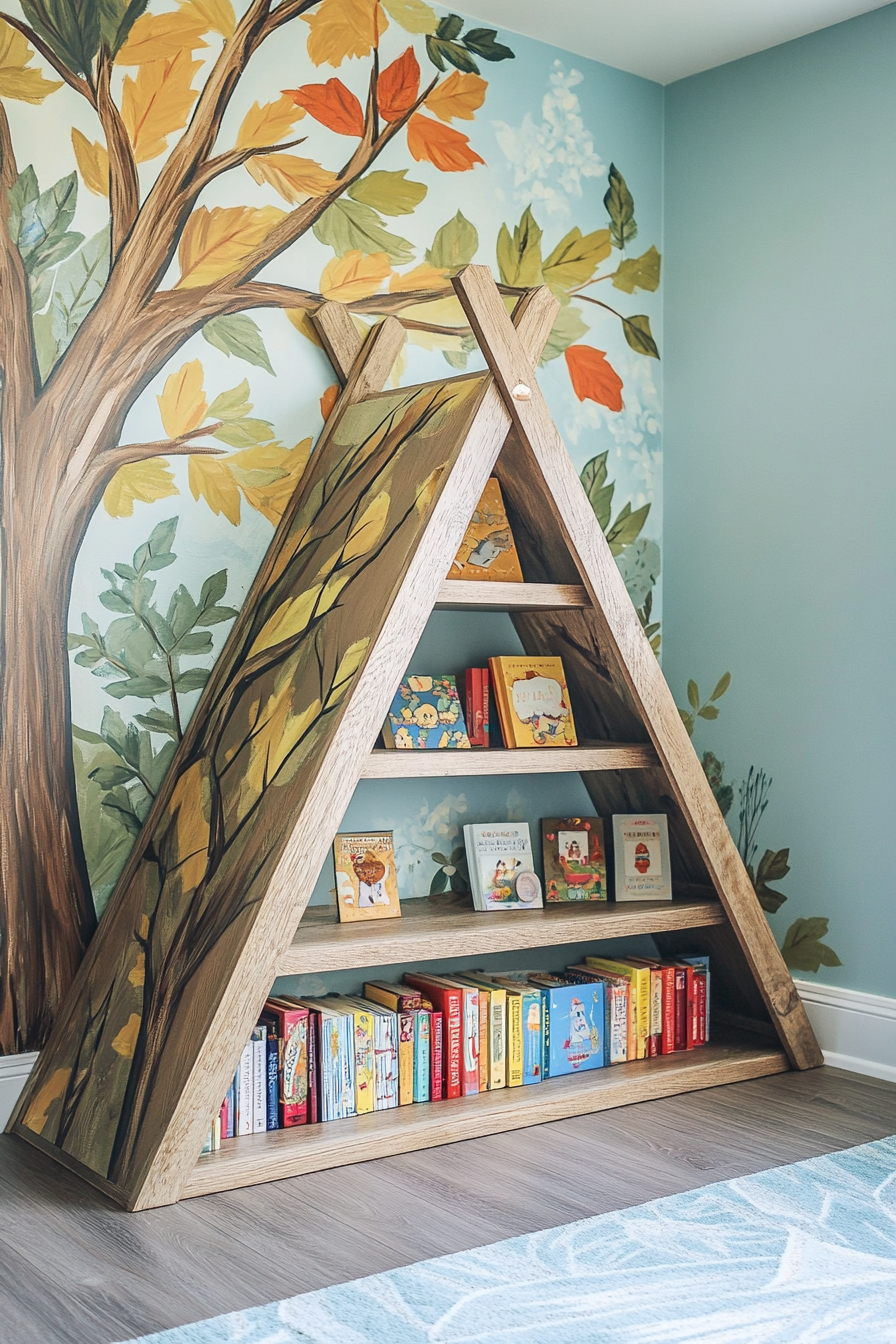 Woodland nursery. Tent-shaped bookshelf beneath a painted tree mural.