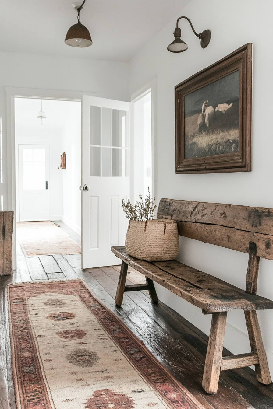 Entryway design. Vintage wooden bench against clean, white walls.