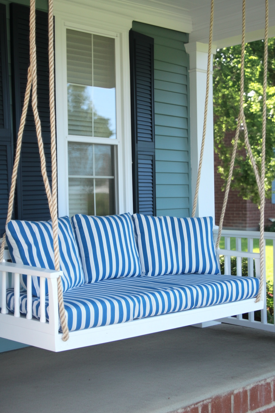 Front porch design. Swinging bench with blue and white striped cushions.