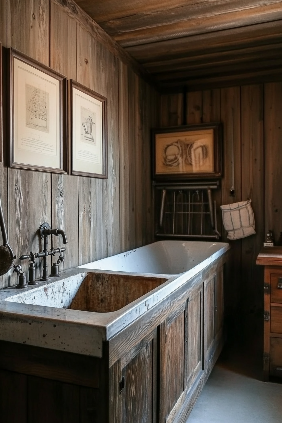 Vintage-modern laundry room. Wood-paneled walls with antique washed zinc tub.