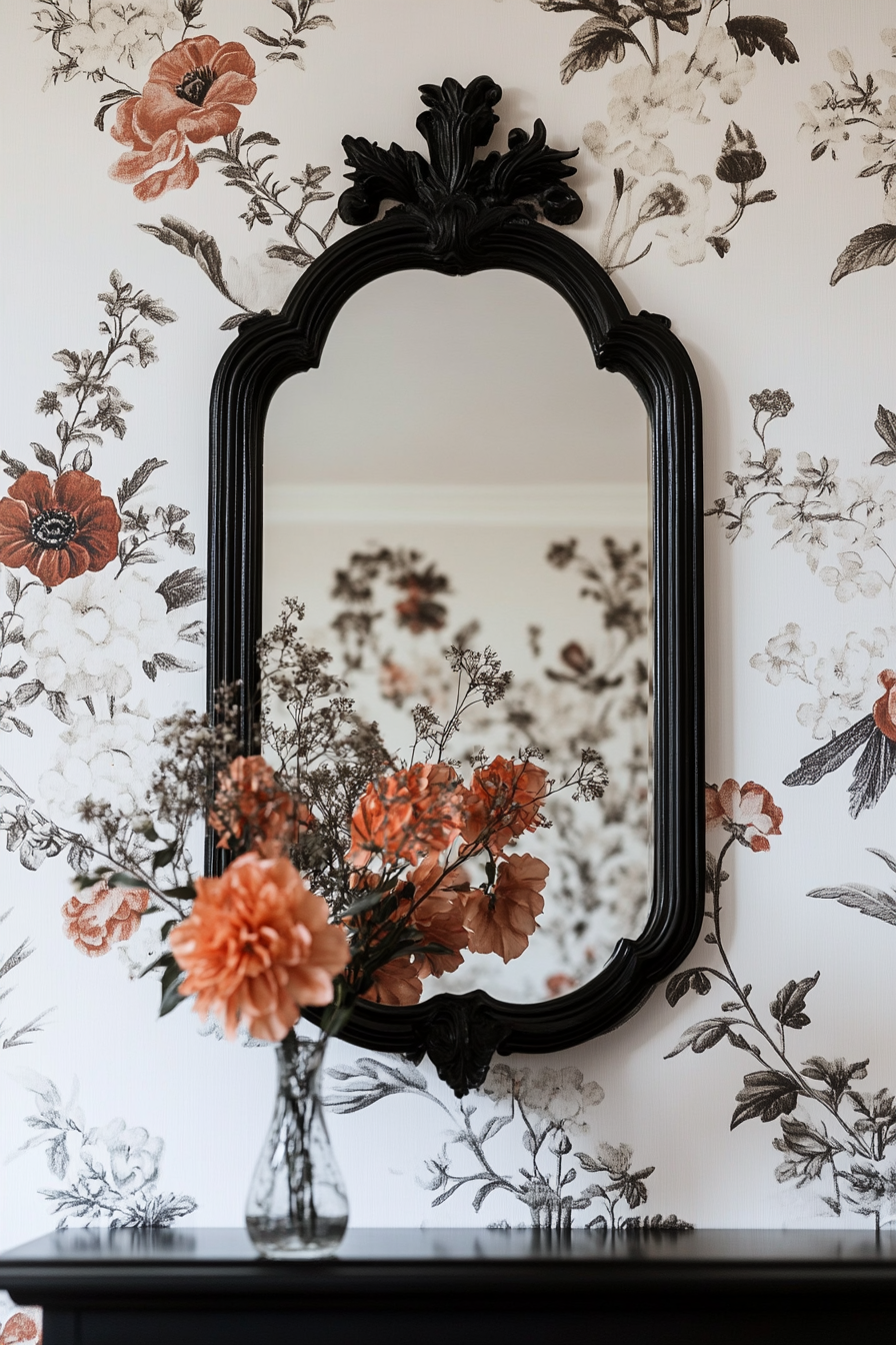 Entryway design. Black-framed minimalist mirror against maximalist floral print wallpaper.