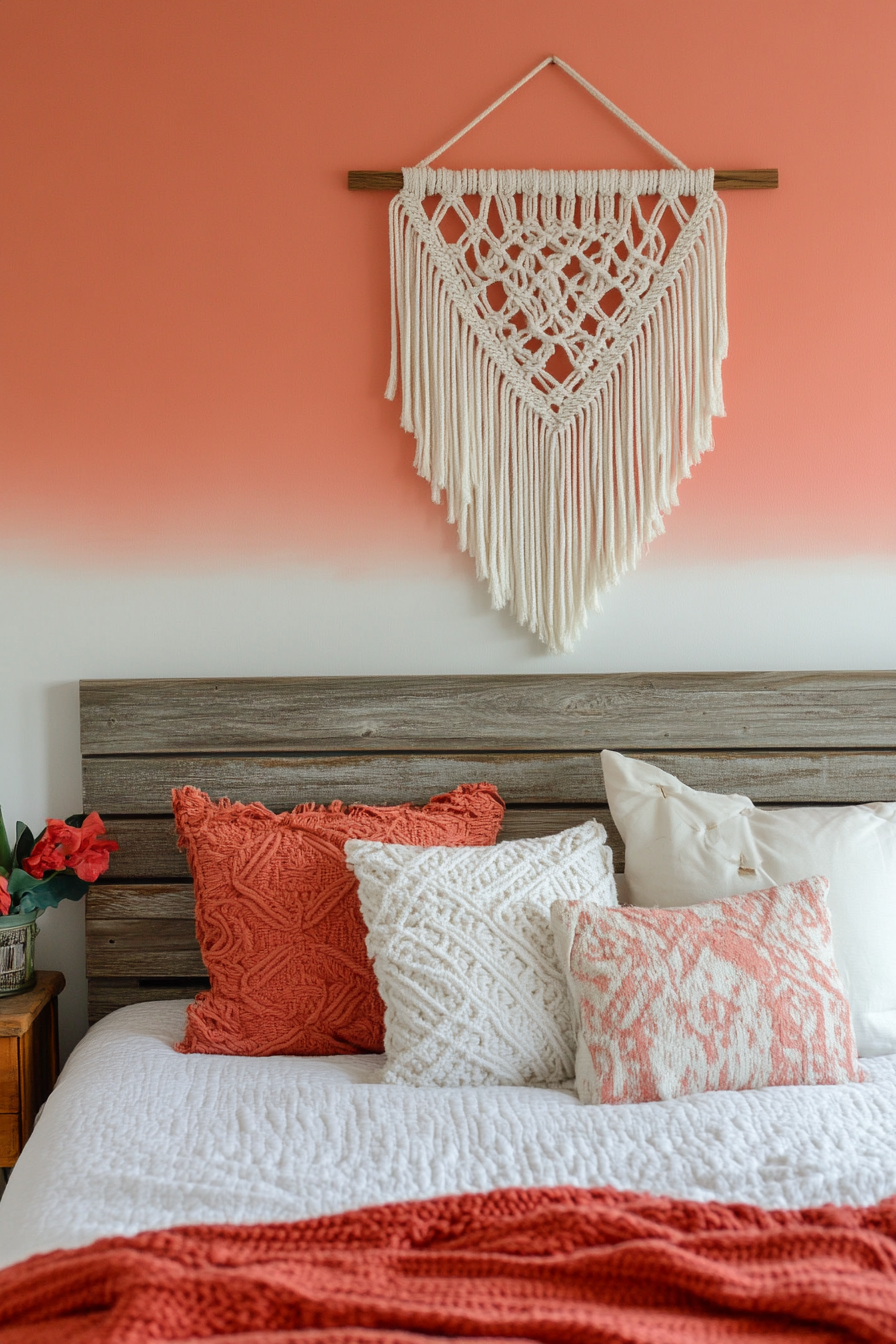 Teen Boho Bedroom Makeover. Macramé wall hanging against a coral ombre accent wall.