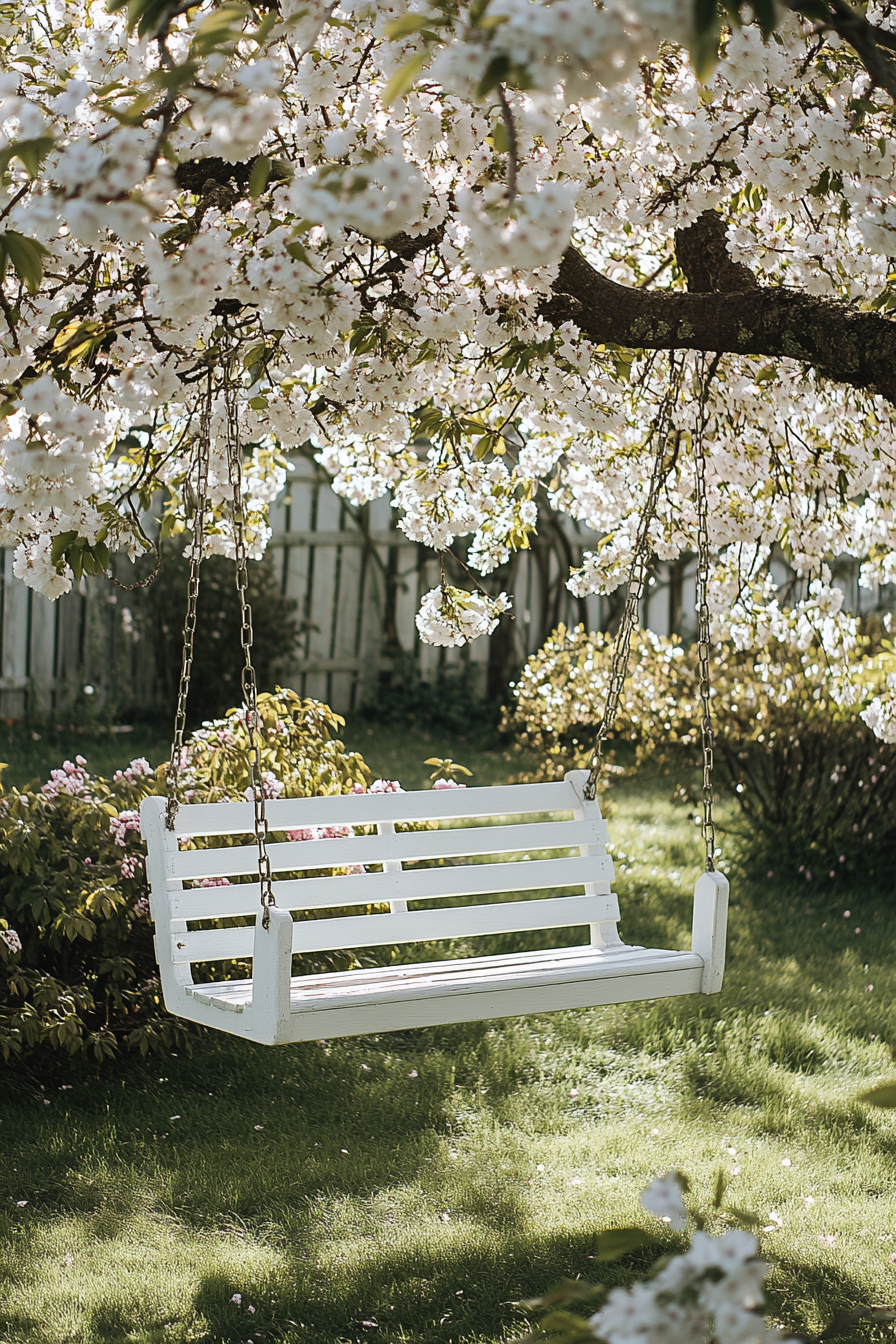 Backyard Garden Retreat. White wooden swing under a blossoming cherry tree.