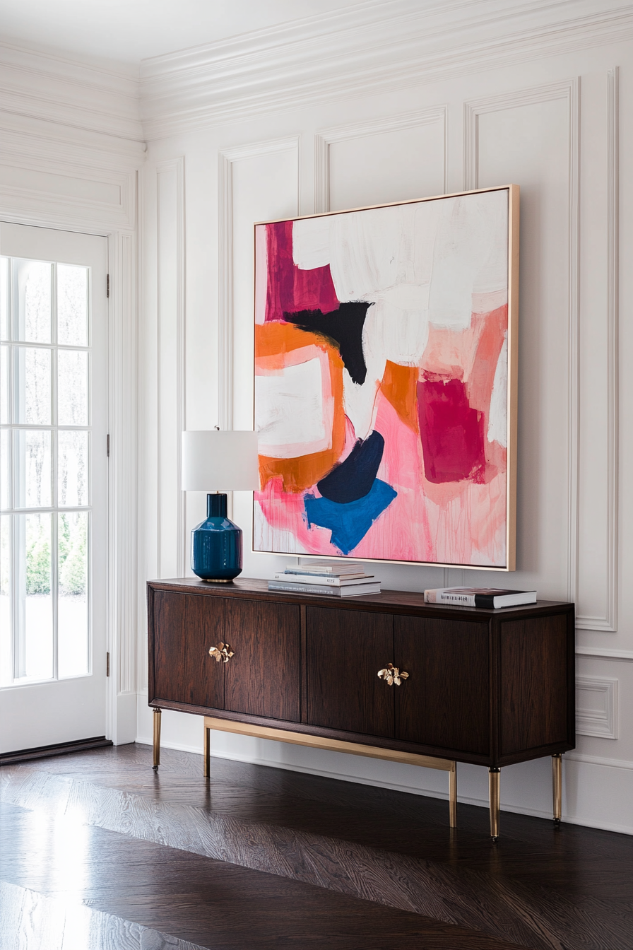 Maximalist Minimalist Entryway. Clean lines sideboard with oversized abstract canvas.