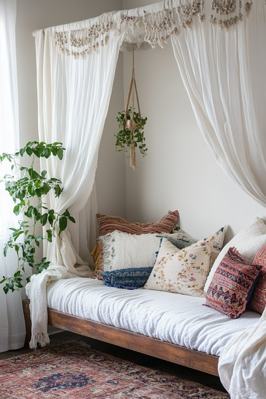 Boho bedroom makeover. Canopied daybed with angular throw pillows.