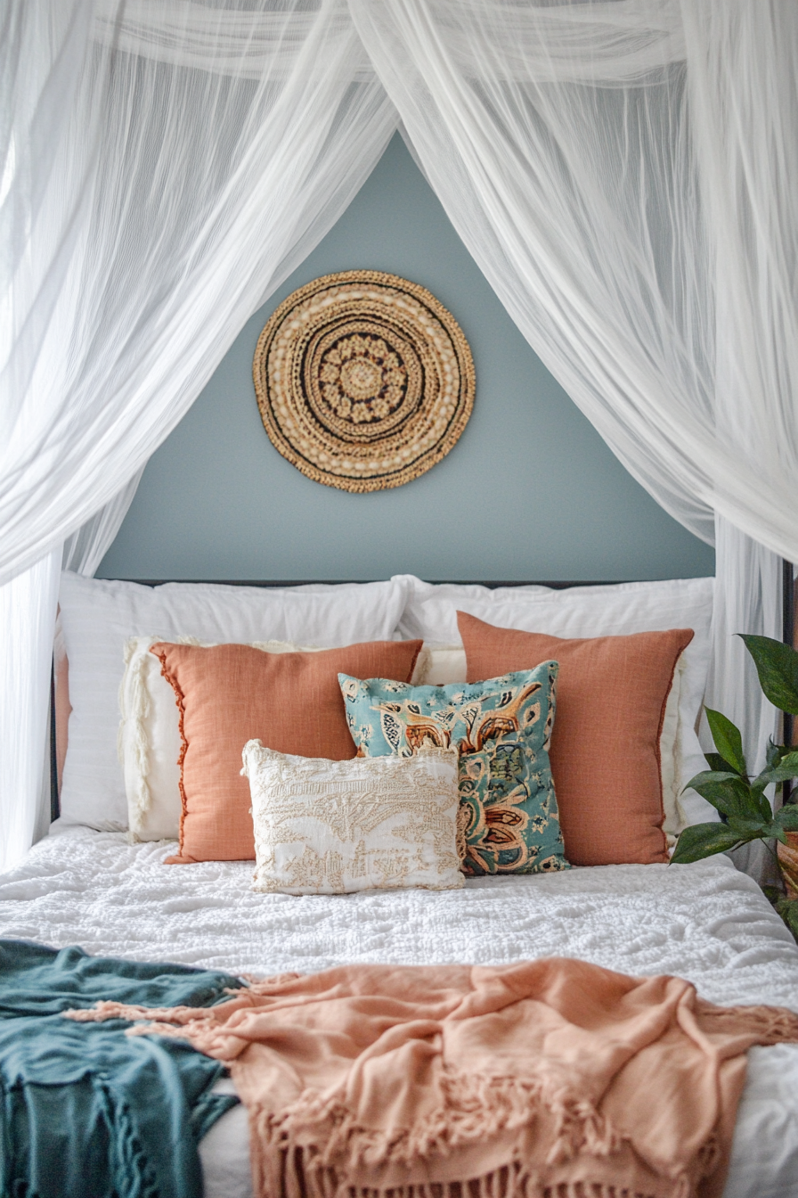 Boho Teen Bedroom Makeover. Canopy bed with Moroccan style pillows.