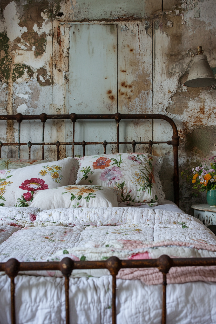 Cottagecore-Industrial Bedroom. Grungy rusted iron bedframe willed with floral quilted linens.