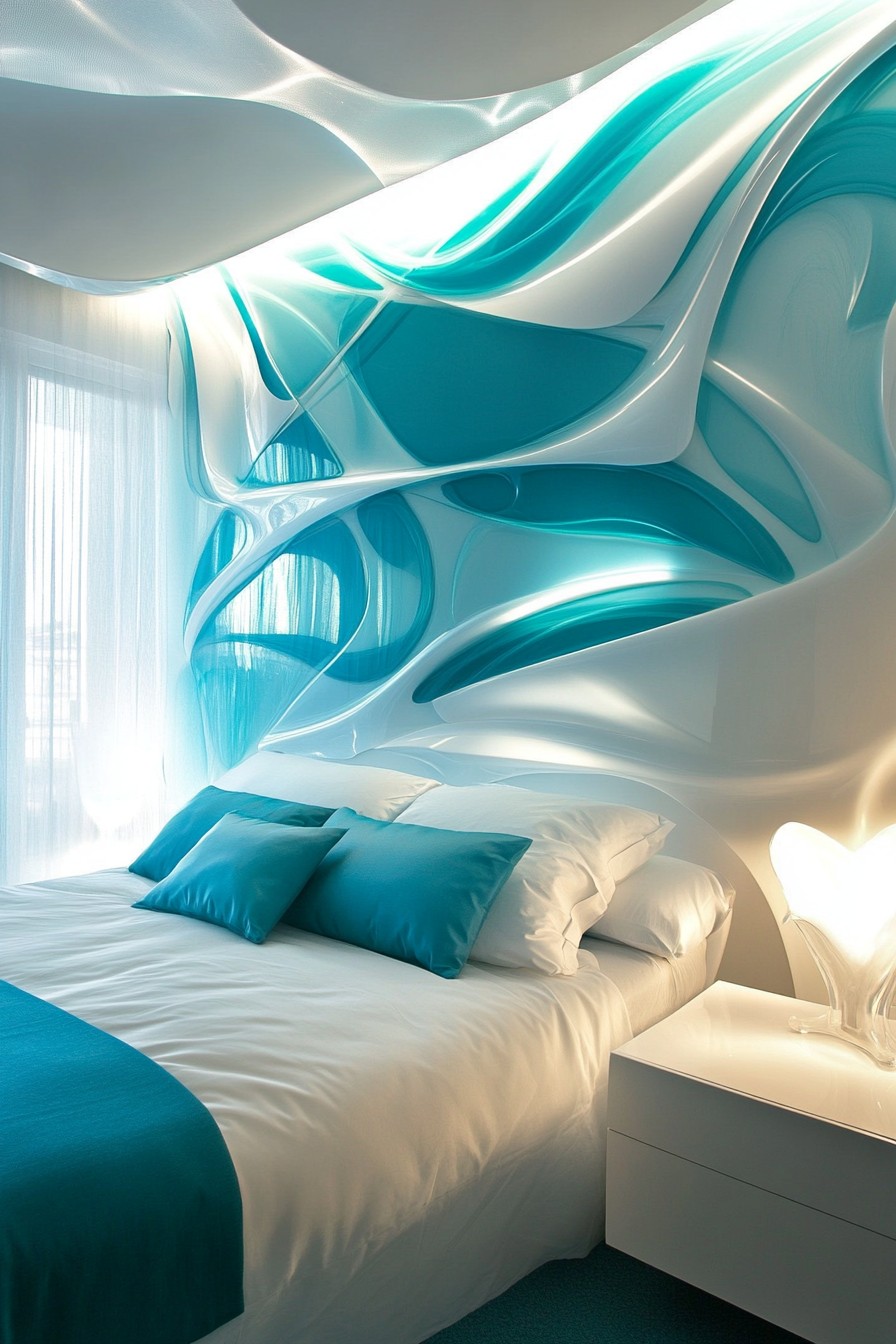 Bedroom design. Sleek white furniture with turquoise accents and abstract wall murals.