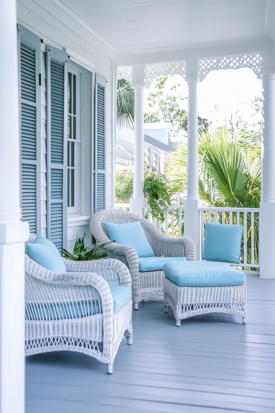 Front porch design. White painted wicker chairs with ocean blue cushions.