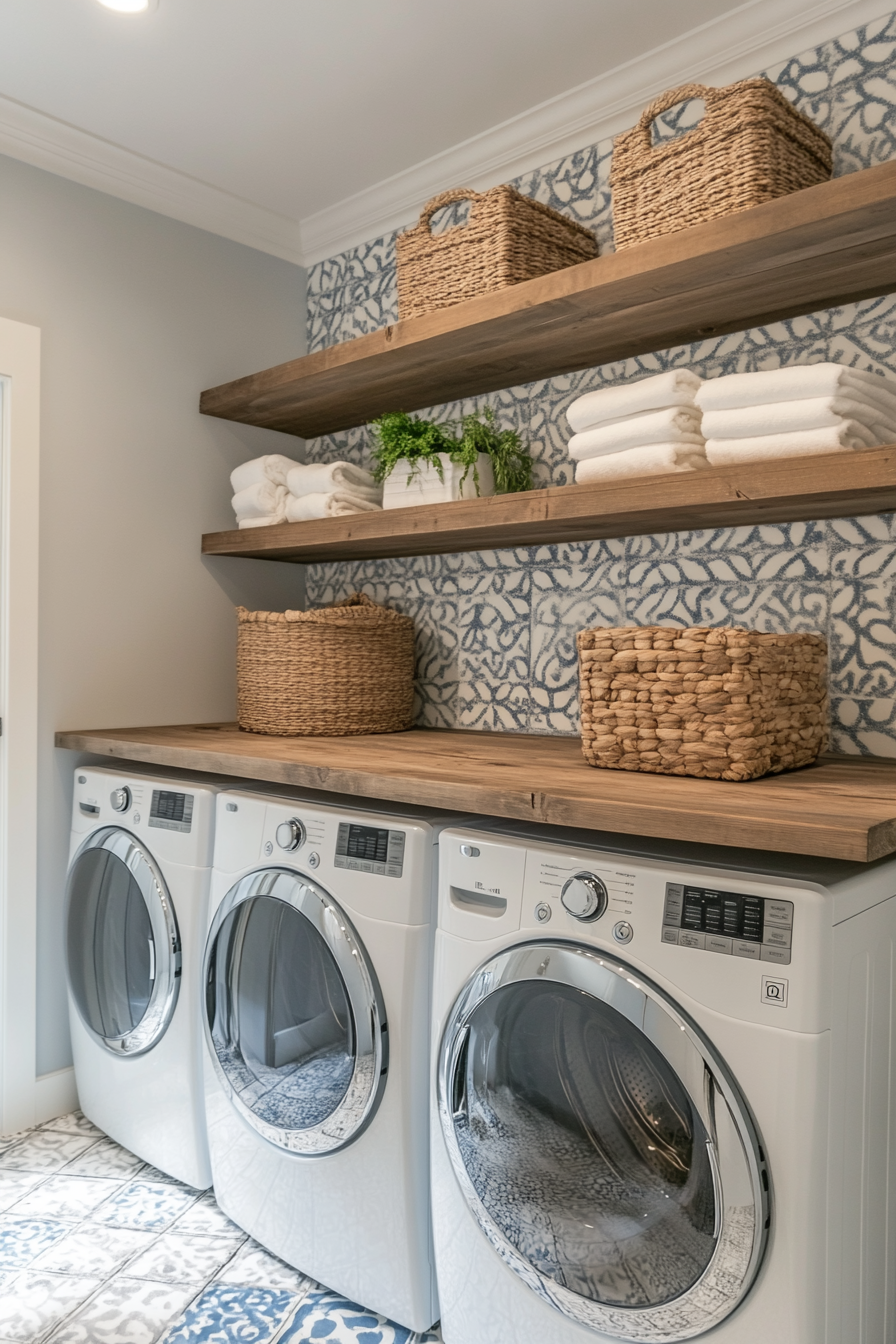 Vintage-Modern Laundry Room. Floating shelves with distressed wooden pattern.