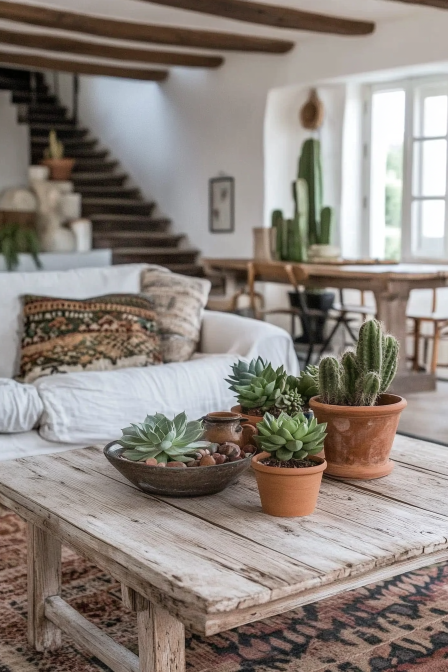 Boho-Farmhouse living space. Rustic wooden coffee table adorned with succulents.