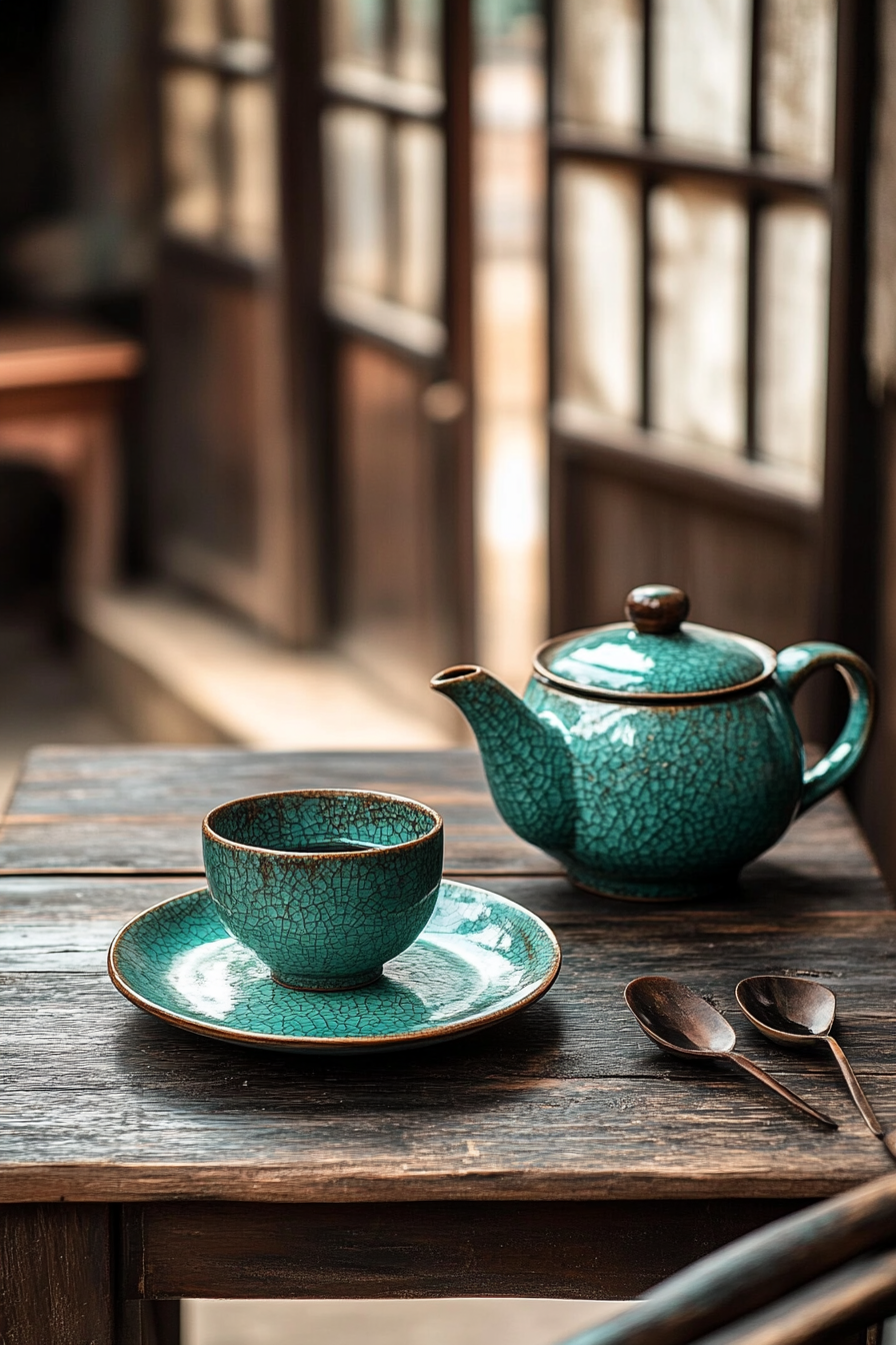 Bohemian kitchen style. Turquoise ceramic tea set on distressed wooden table.