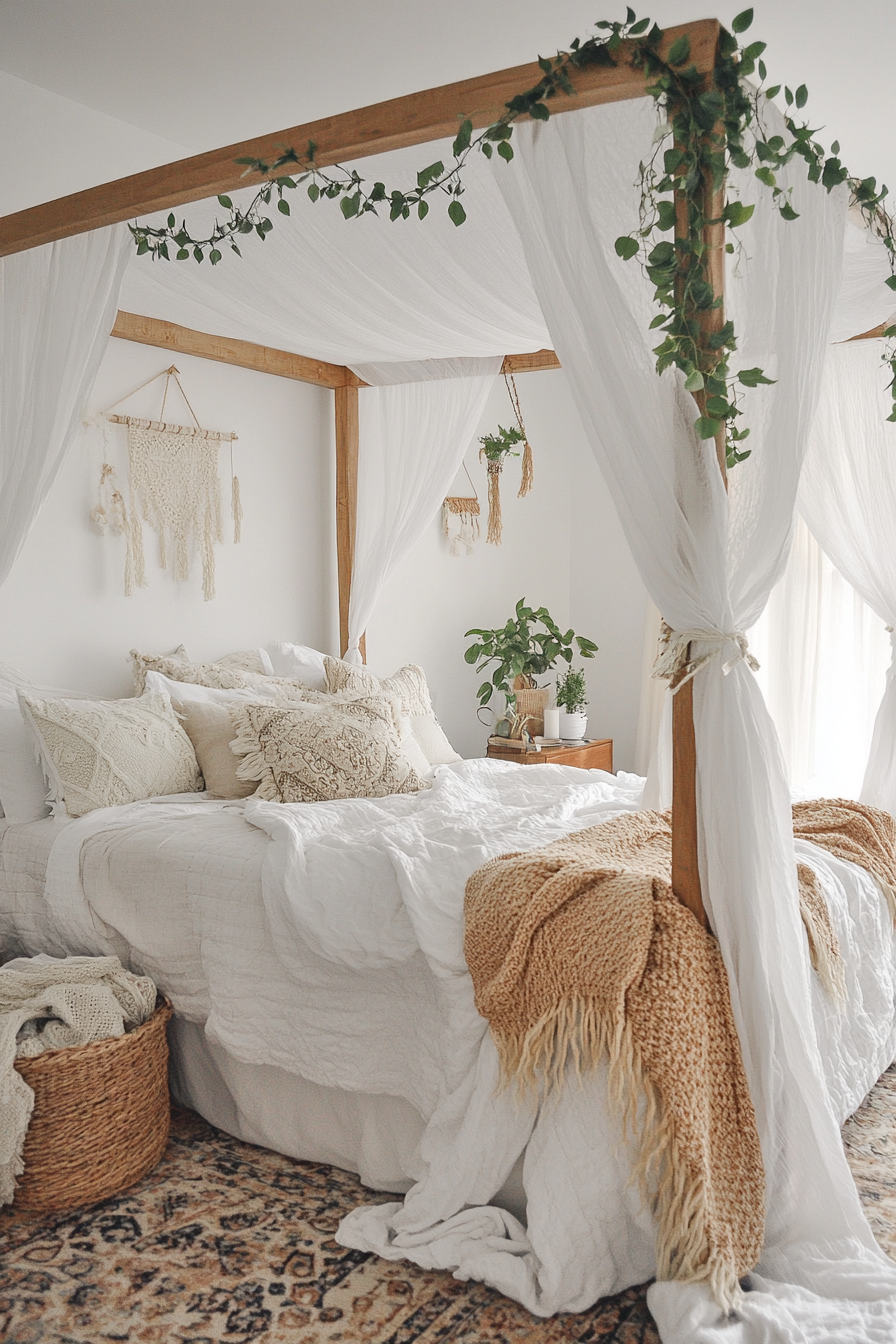 Teen boho bedroom makeover. Canopy bed with scattered knit pillows.