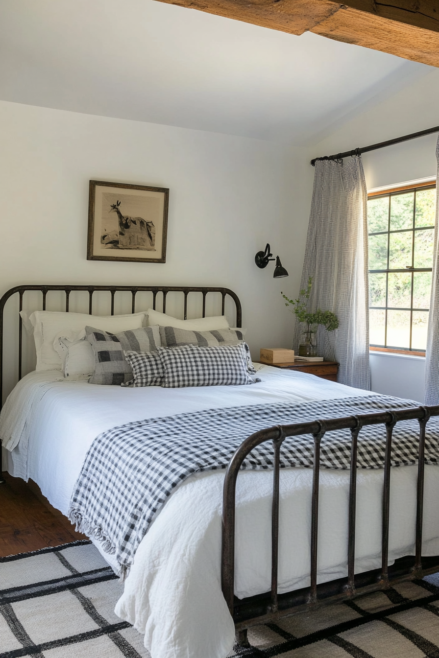 Cottagecore-Industrial bedroom. Metal bed with gingham patterned linens.