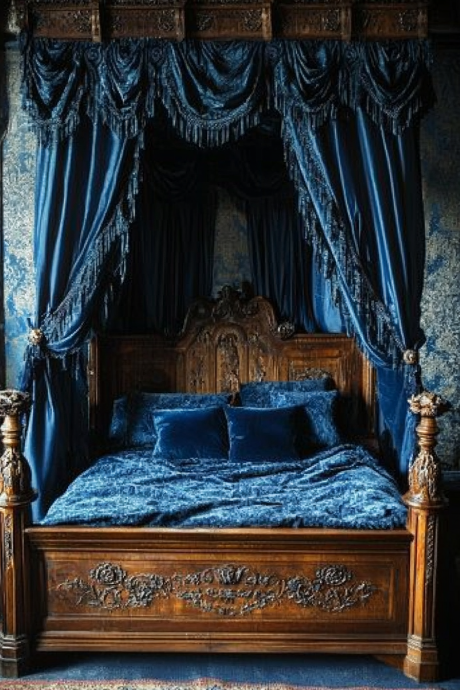 Bedroom design. antique wooden bed with deep blue velvet curtains.