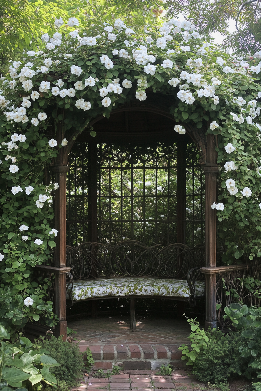 Backyard garden retreat. Secret gazebo corner with crawling jasmine vines.