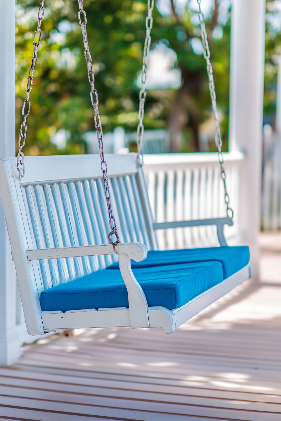 Front porch design. Swing bench with bright blue cushions and white wooden railing.