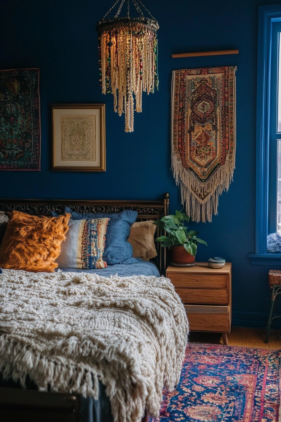 Bedroom design. Midnight blue walls with eclectic, vintage furniture.