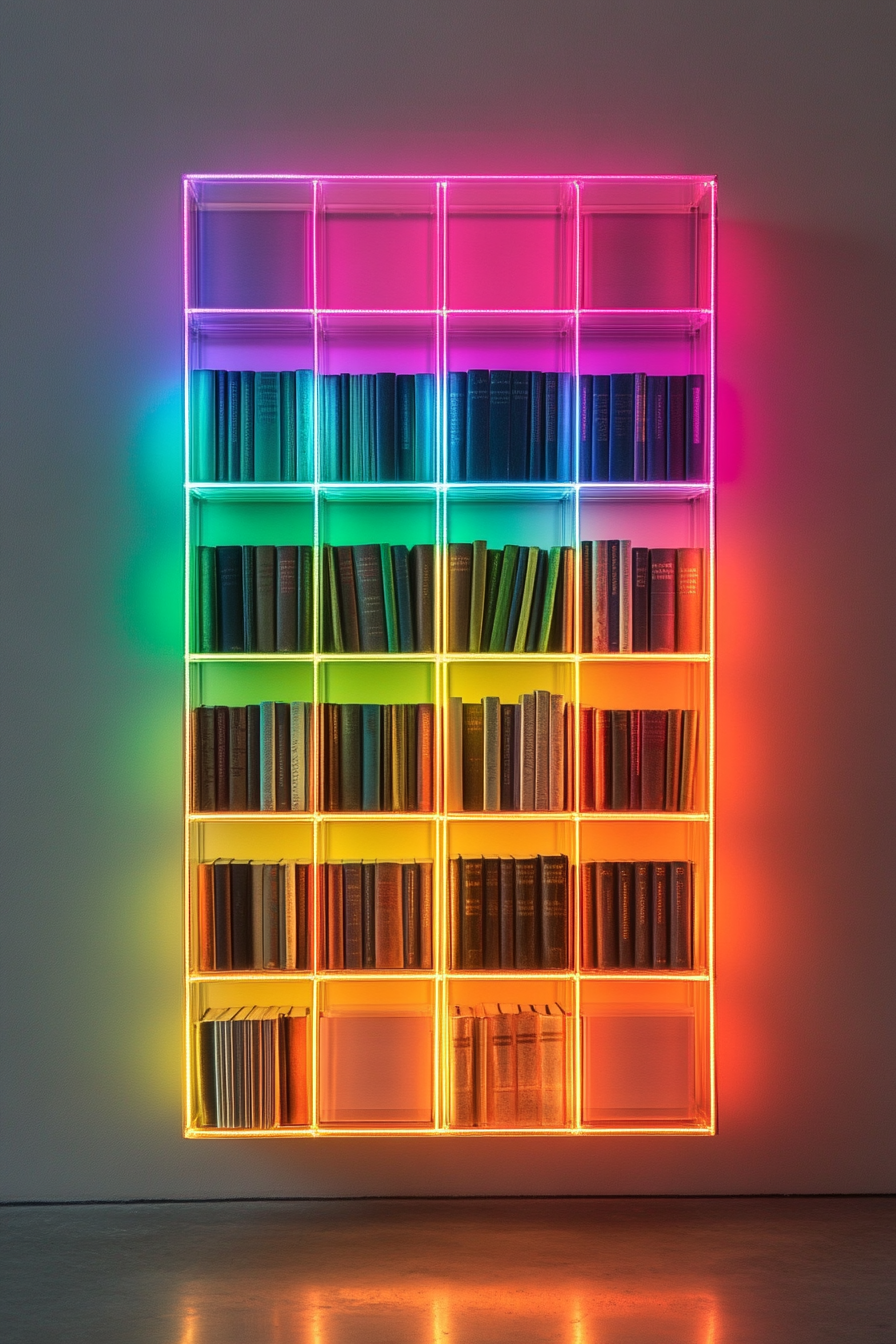 Bedroom design. Rainbow illuminated bookshelf against neutral grey wall.