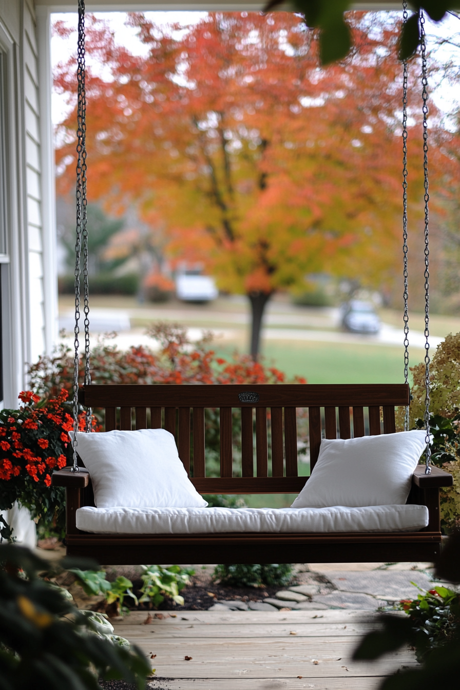 Front porch design. Wooden swing with white cushion details.