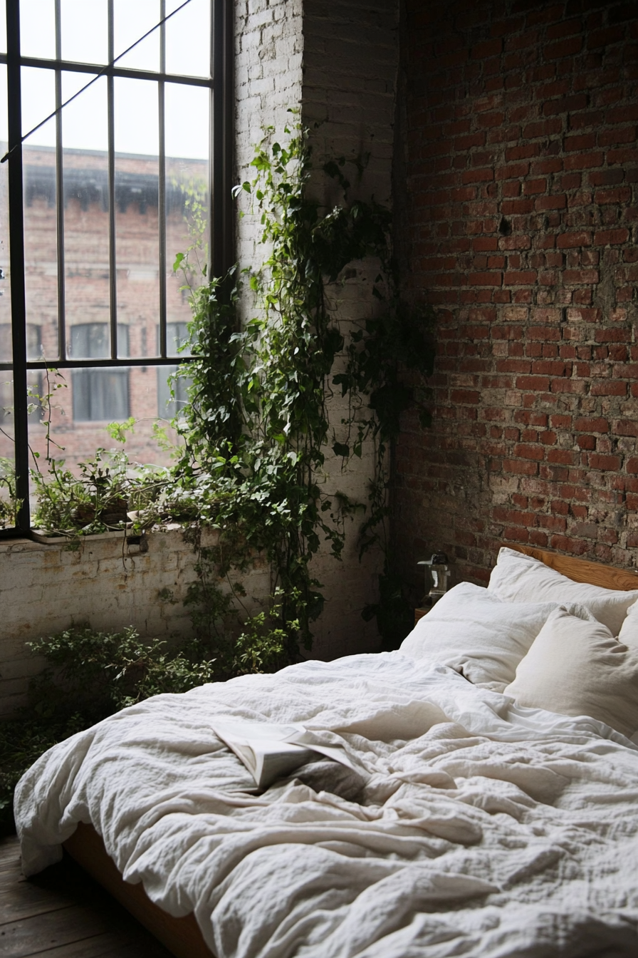 Cottagecore-Industrial bedroom. Exposed brick wall with overgrown ivy.