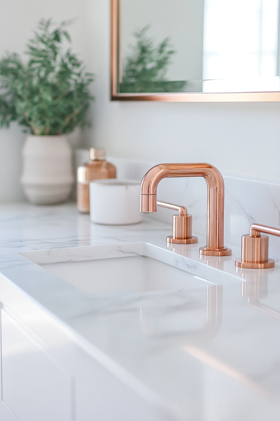 Modern bathroom update. Copper fixtures and marble countertops.