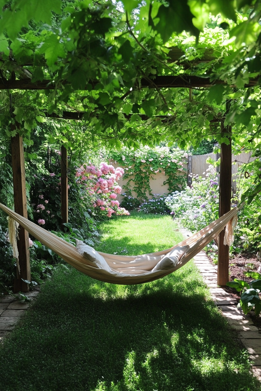 Backyard garden retreat. Cozy hammock under a canopy of flowering vines.