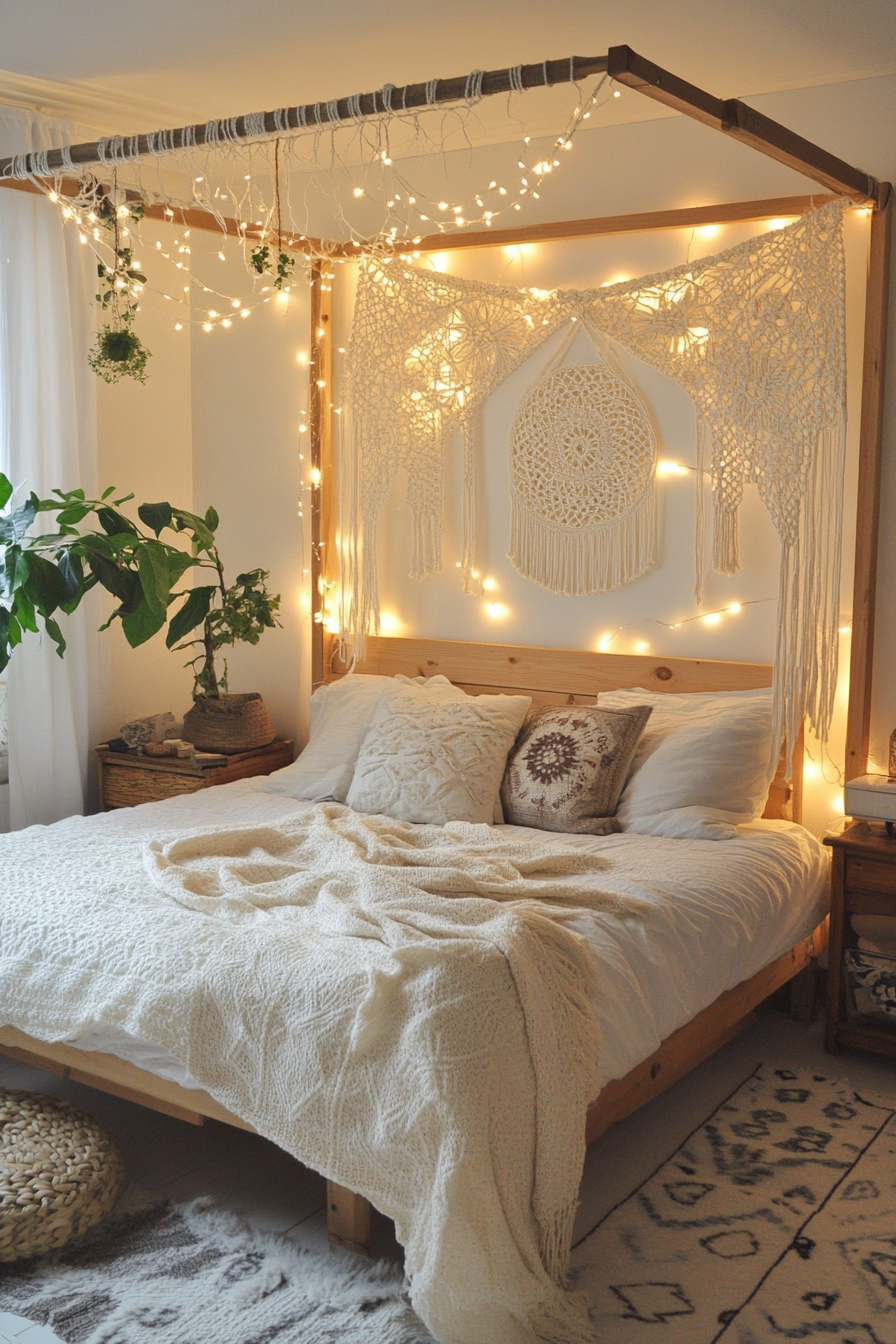 Boho Bedroom makeover. Hanging macrame canopy with twinkling fairylights.