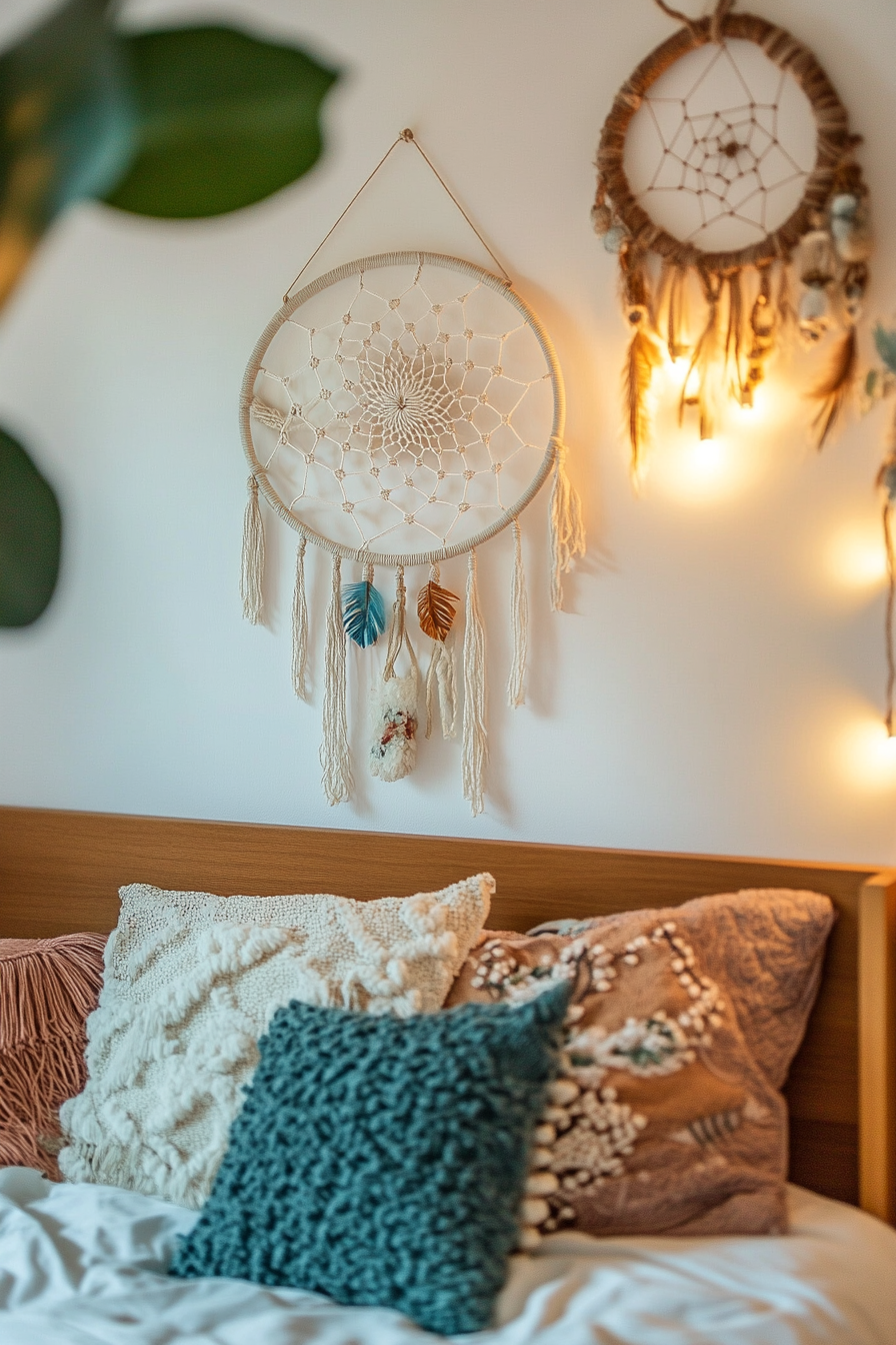 Boho bedroom makeover. Hanging macrame wall decor with dreamcatchers.