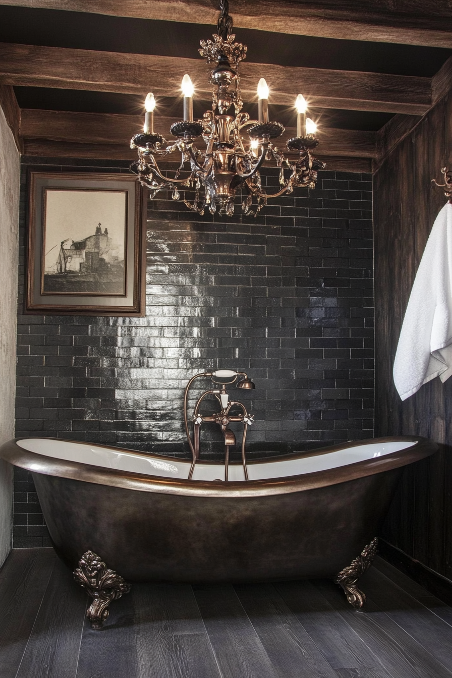 Glam-rustic bathroom. Bronze freestanding bathtub with chandelier overhead.