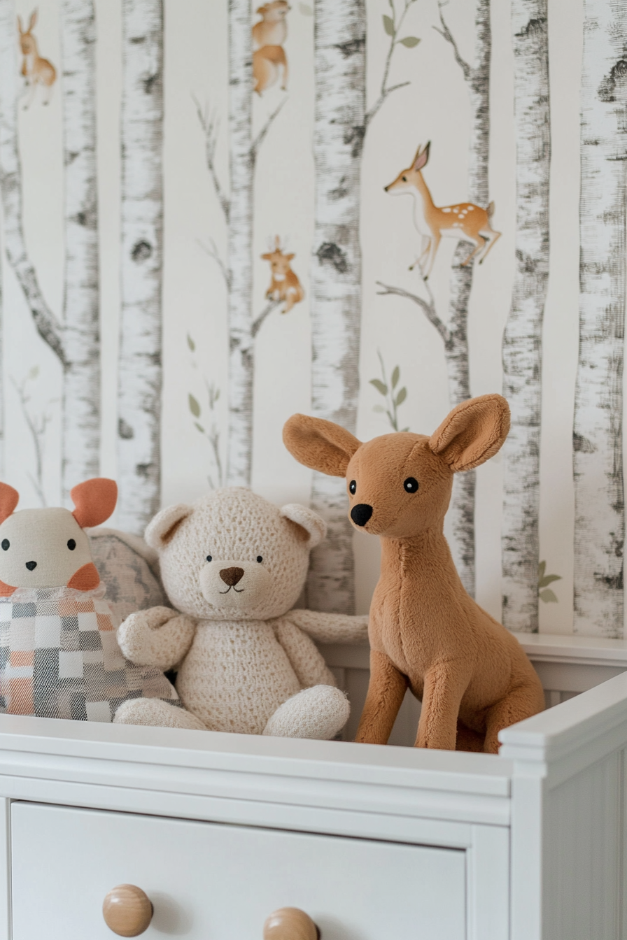 Woodland nursery. Birch tree wallpaper with stuffed animal deer decorations.