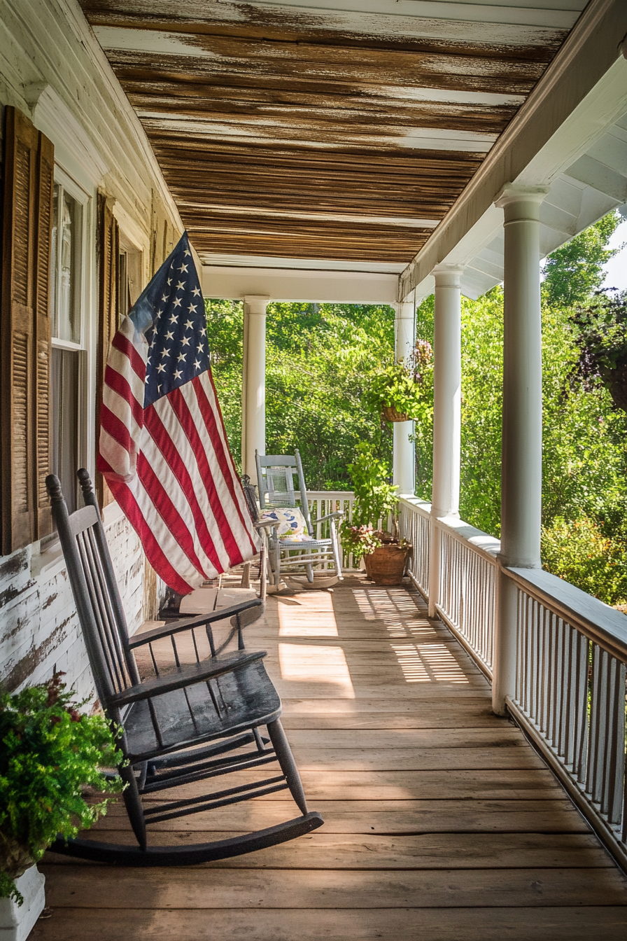 Front porch design. American flag hanging, rocking chair, and wood panel flooring.