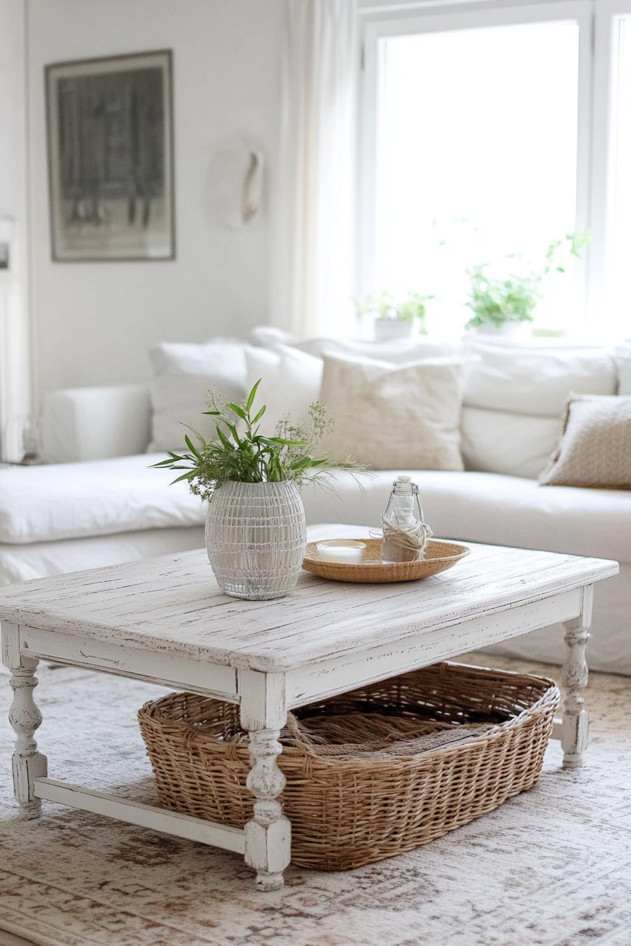 Boho-Farmhouse living space. Whitewashed coffee table with wicker basket underneath.