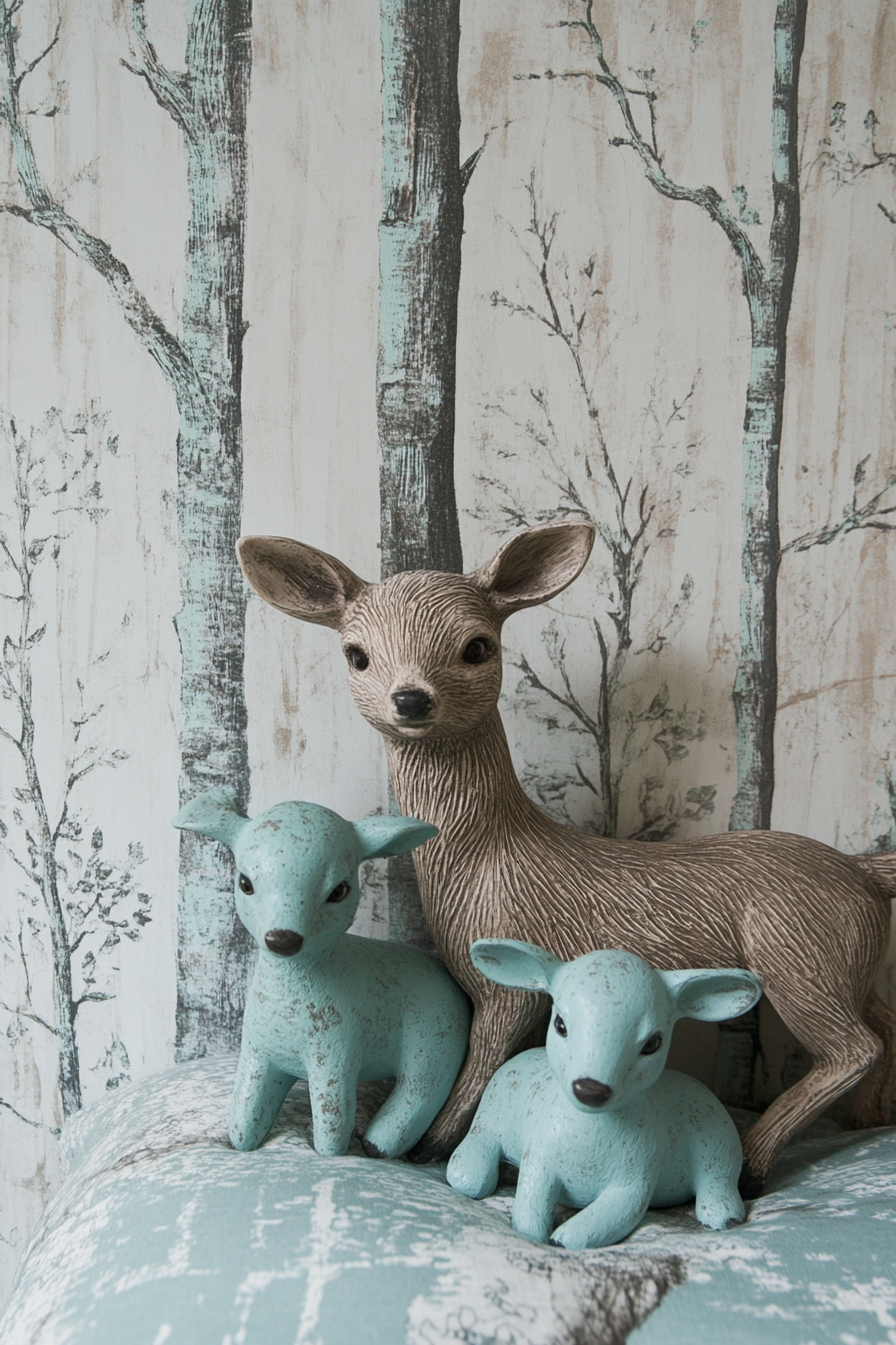 Woodland nursery. Forestry wallpaper with muted turquoise deer figurines.