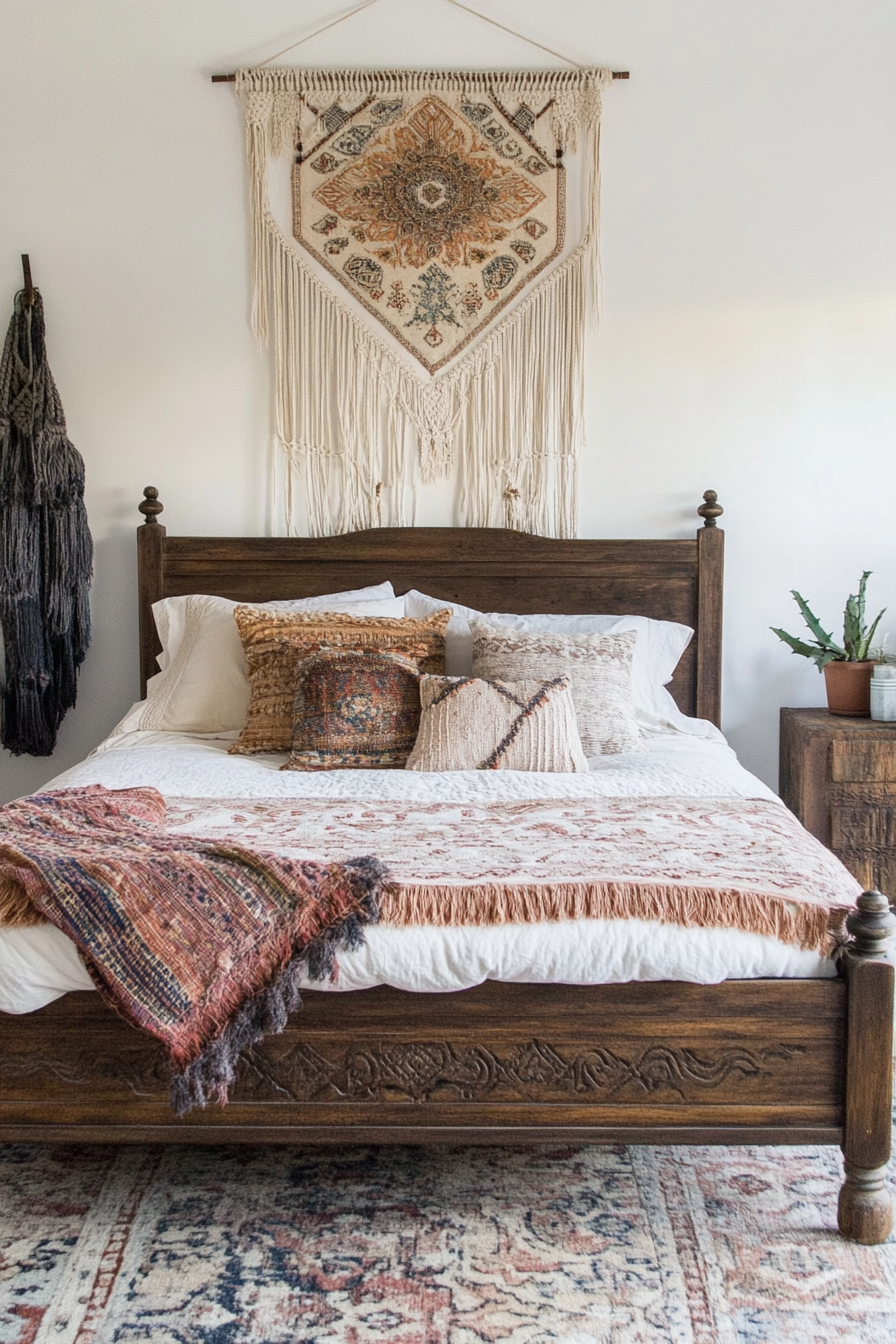 Boho bedroom makeover. Distressed wooden bedframe with macrame hanging wall art.