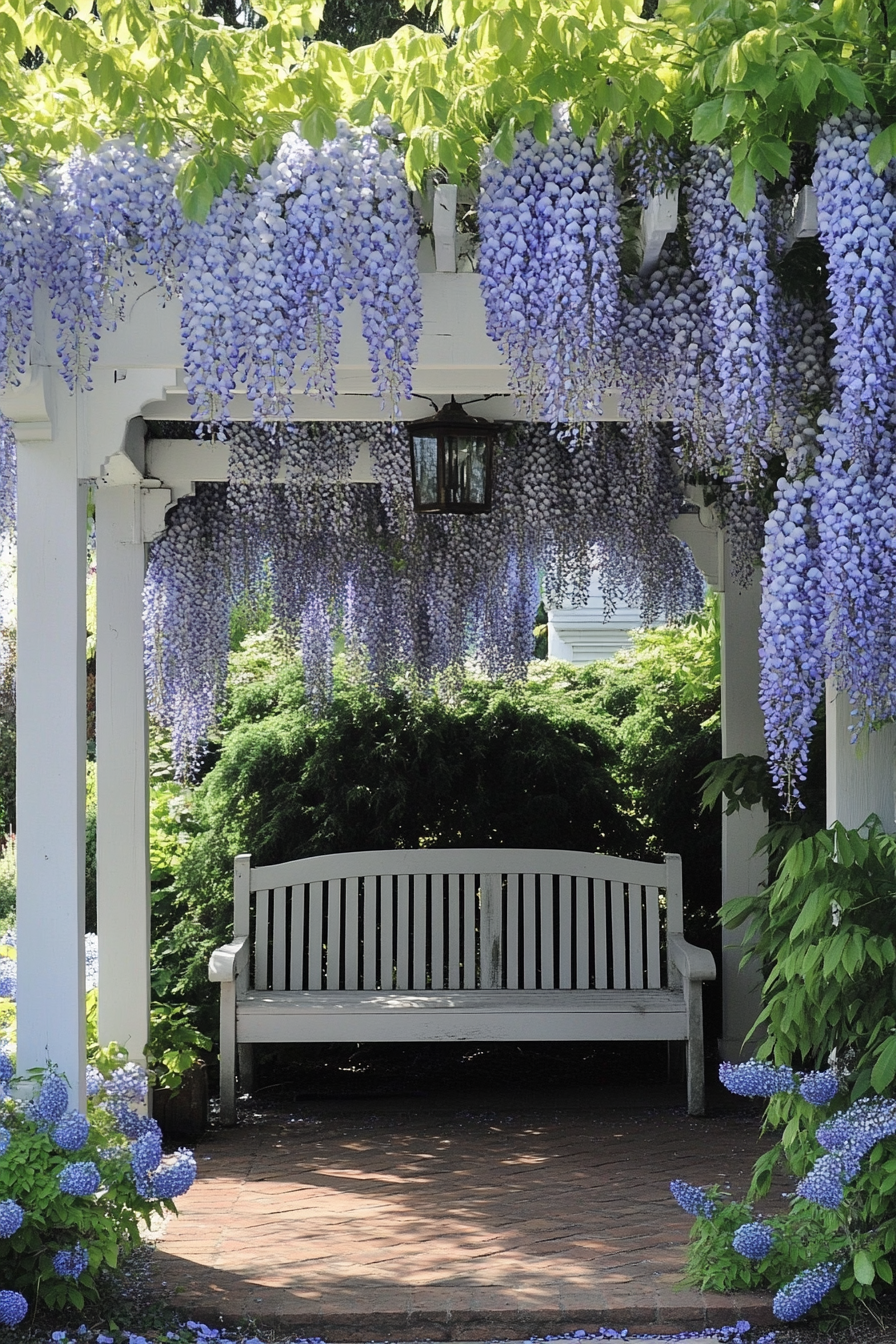 Backyard garden retreat. White pergola draped with blue wisteria.