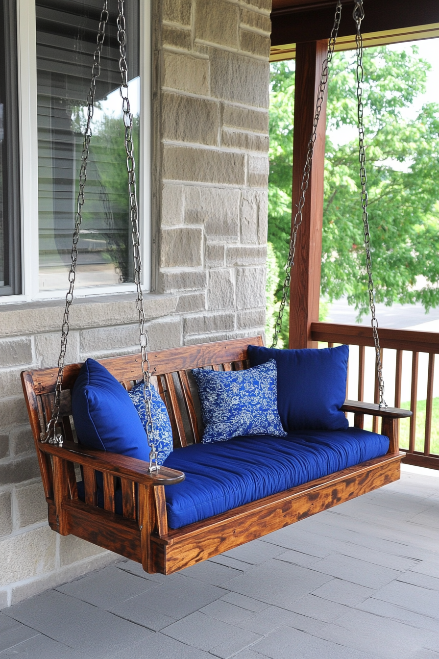 Front porch design. Cushioned swing with cobalt blue throw pillows.