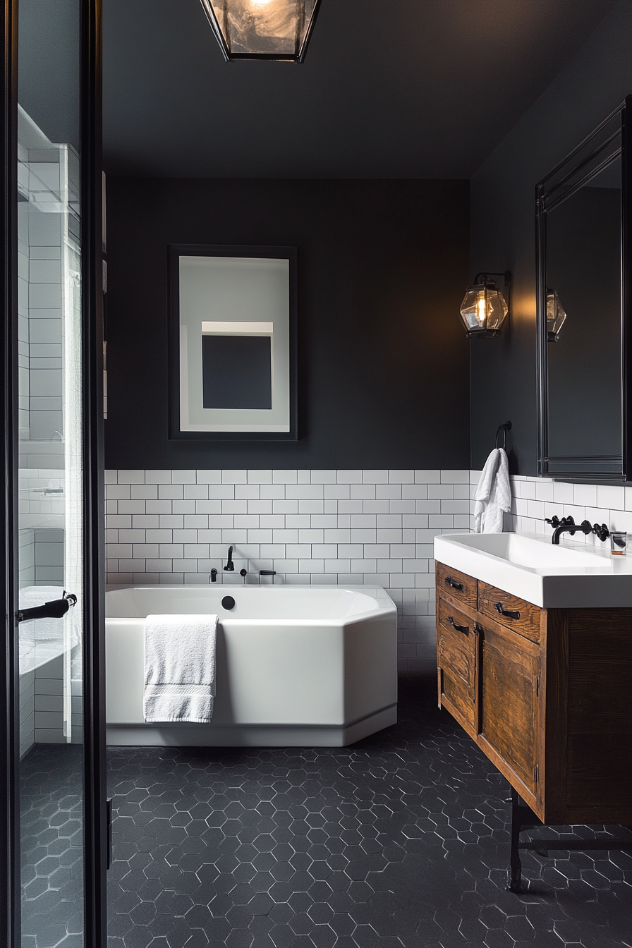 Modern bathroom update. Black hexagonal floor tiles.