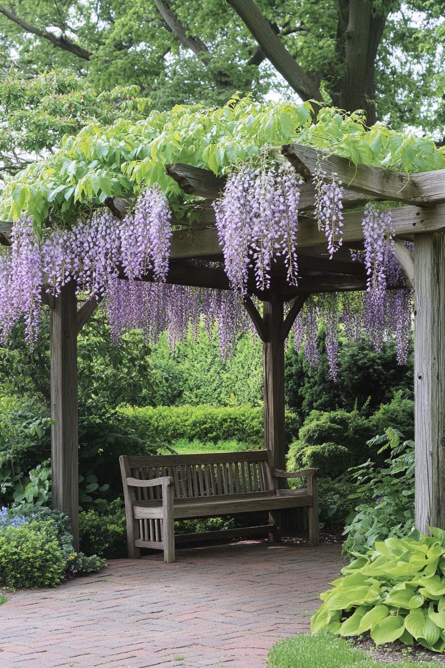 Backyard garden retreat. Wooden pergola draped with hanging wisteria.