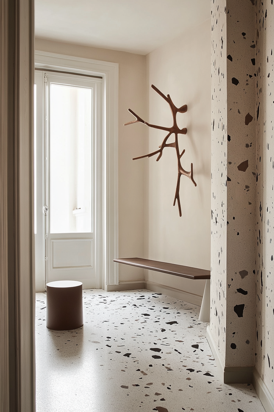 Entryway design. Terrazzo flooring with an intricate monochromatic coat hanger.