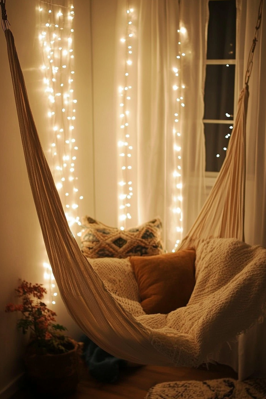 Bedroom design. Hanging hammock chair in corner with fairy string lights.